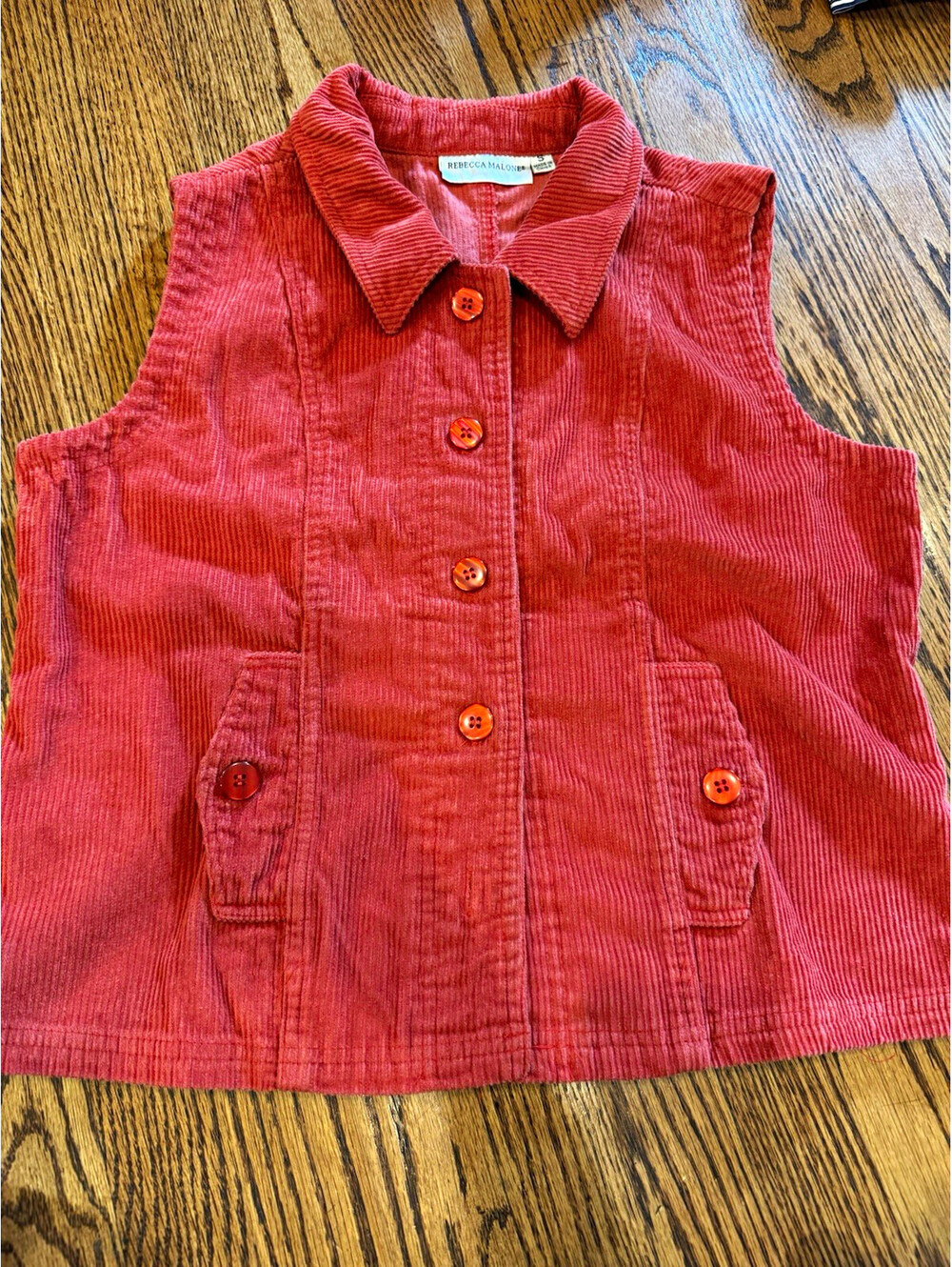Rebecca Malone Women’s Red Button Front Vest Collared Pockets Sleeveless Sz S